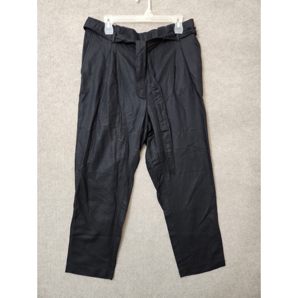LOFT Linen Blend Pants Womens L Black Paperbag Waist Belted Pleated NEW